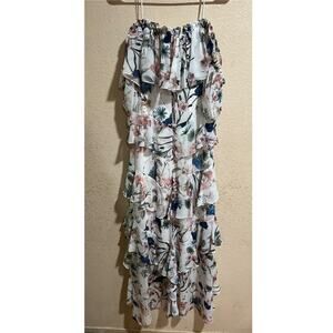 Badgley Mischka White Floral off the shoulder ruffle High Low Maxi Dress